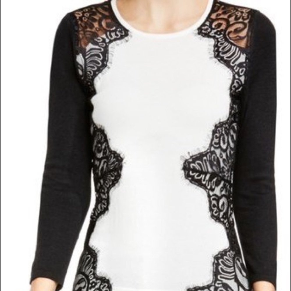 NWT Vince Camuto Side Lace Trim sweater in B&W